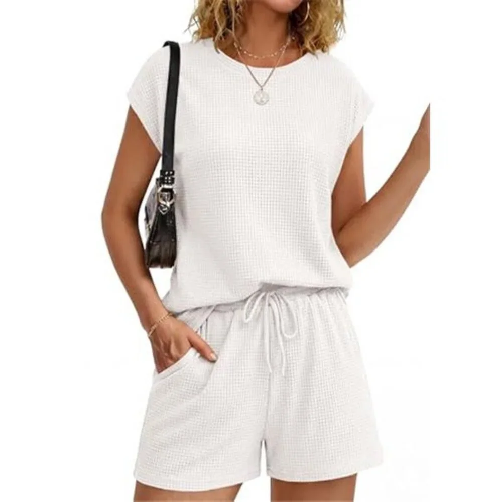 Women's 2 Piece Set Summer Waffle Knit Cap Sleeve Lounge Set